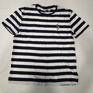 Ralph Lauren Navy & White Striped Tee with Multicolor Polo Emblem